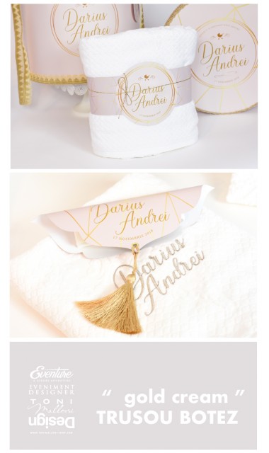 Trusou de botez pentru baieti cu broderie eleganta personalizata, Gold Cream 7